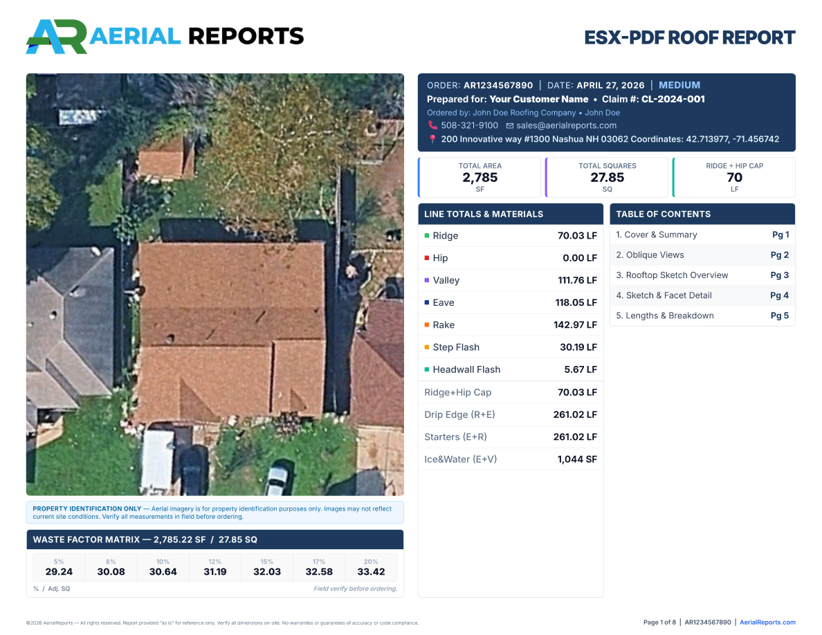 Sample AerialReports ESX-PDF roof report cover page with line totals and materials
