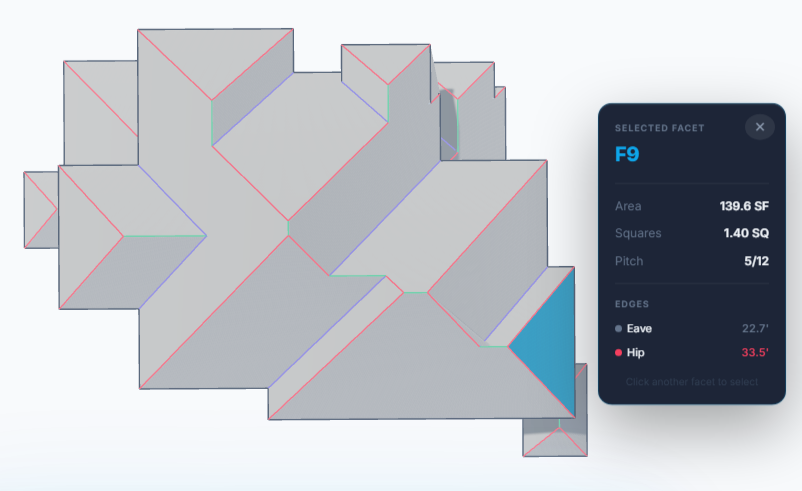 AerialReports Quantum 3D roof viewer showing facet F9, area, squares, pitch, and edge lengths