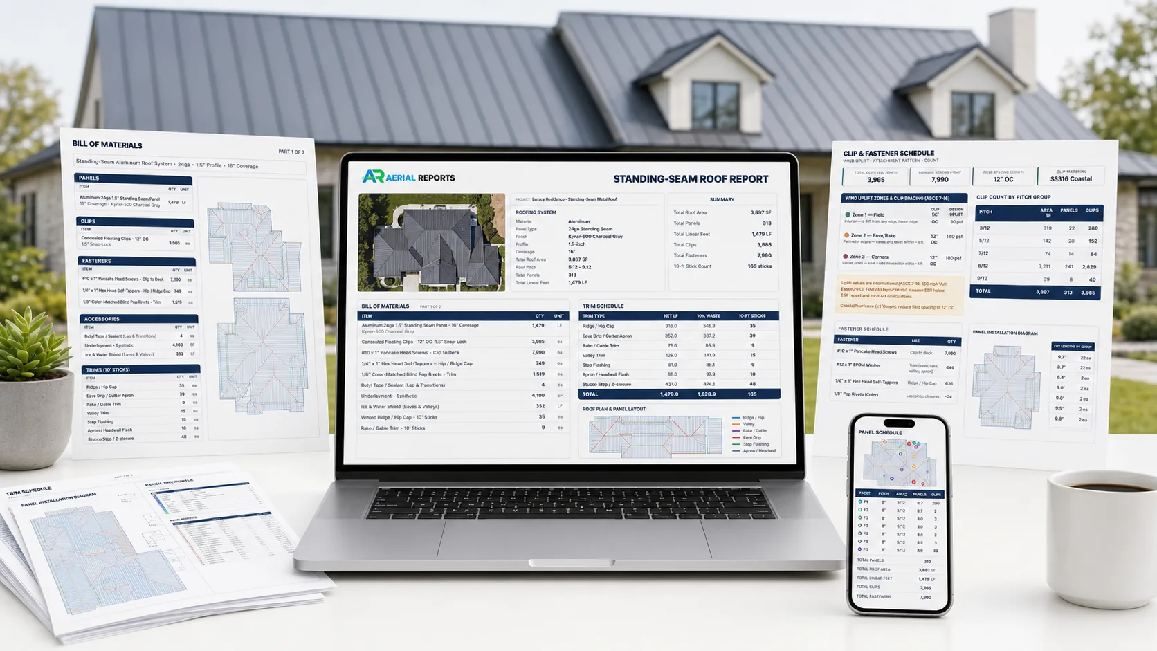 AerialReports Standing-Seam Roof Report shown on laptop with panel breakdown, plus Premium Roof and Gutter System report previews