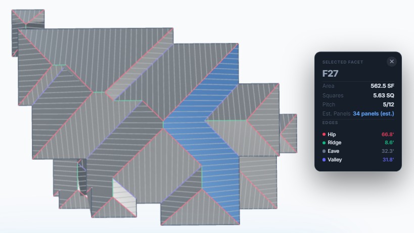 AerialReports Quantum 3D roof diagram viewer showing selected facet detail with area, squares, and edge lengths