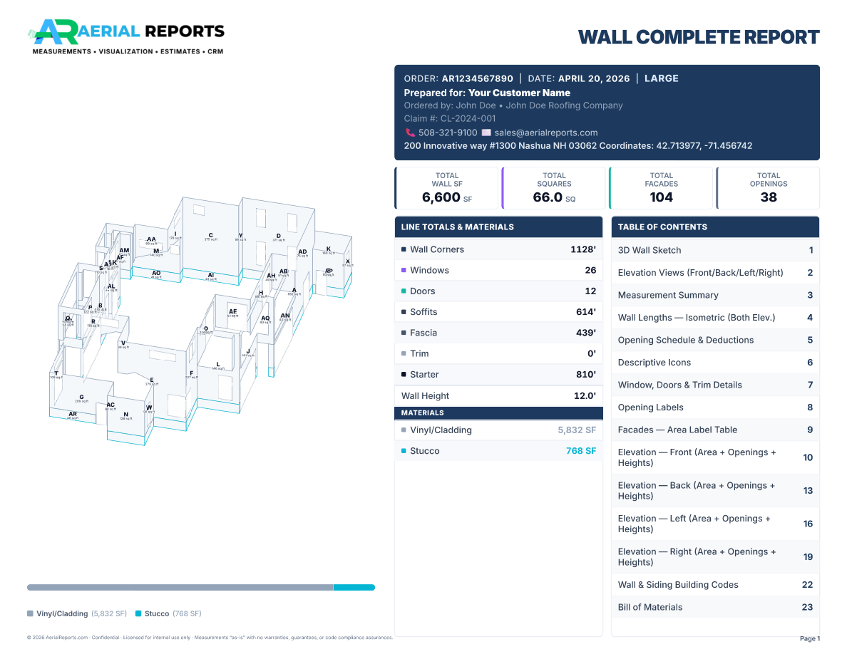 Sample AerialReports Wall Complete report cover with 3D wall sketch, corners, windows, doors, and material totals