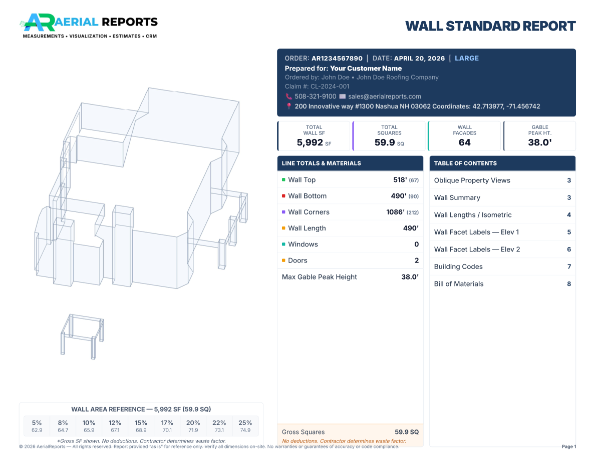 Sample AerialReports Wall Standard report cover with 3D wall sketch, wall SF, squares, facades, and gable peak height